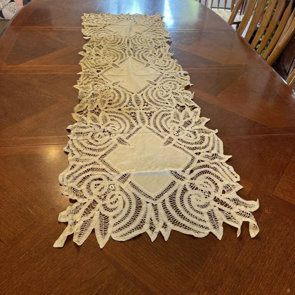 Antique Table Runner Dresser Scarf Battenburg Lace With Stains 54” By 16”